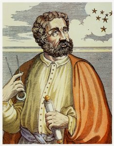 Portrett av Ferdinand Magellan (1480 - 1521) med navigasjonsinstrumenter. (farge litho.)
